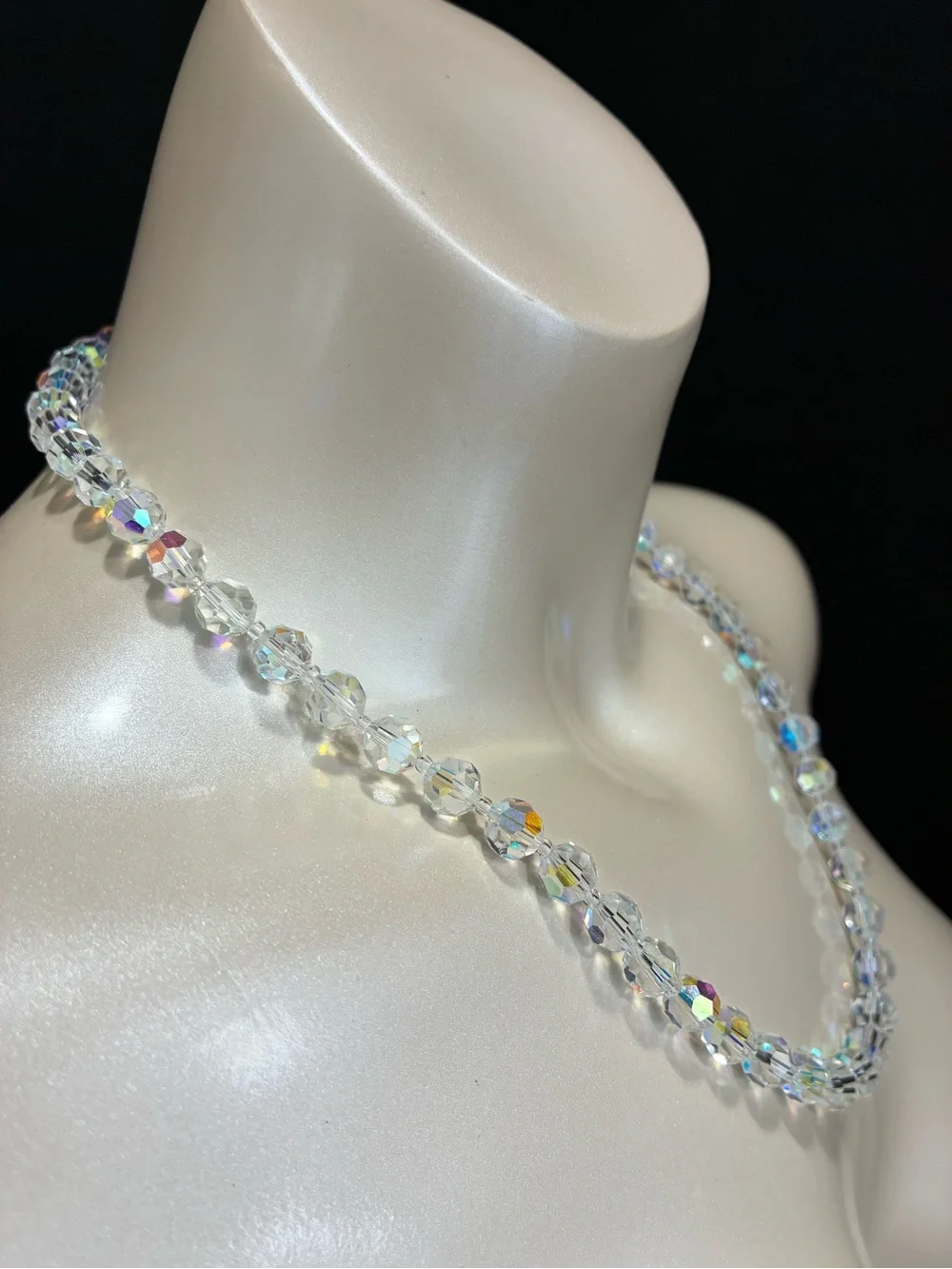 Aurora Faceted Crystal Beaded Necklace Clear Iridescent Classic Timeless Retro